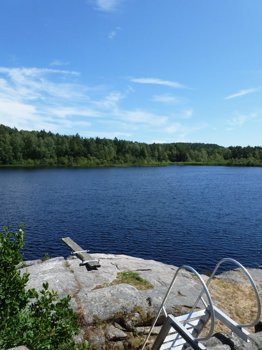 Blue water beside a rocky swimming spot and wooded shoreline
